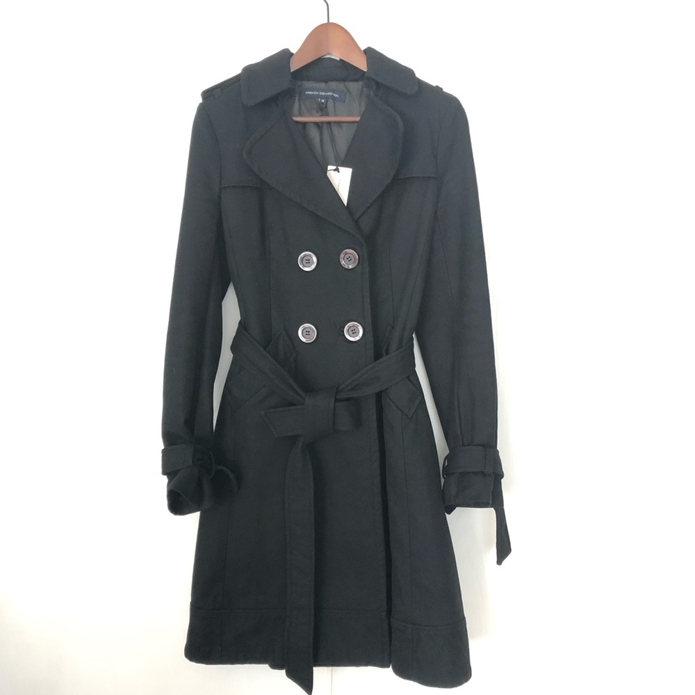 French connection double breasted trench coat black lined forever style US XS-S